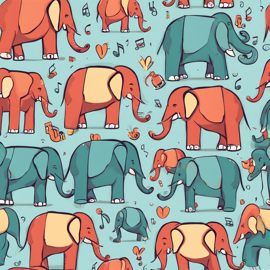 Colorful illustrated pattern of elephants among musical notes